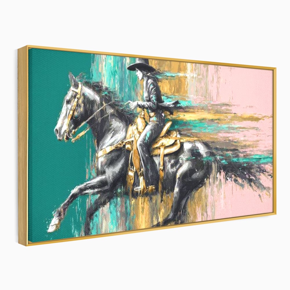 Tablou canvas cu pictura cu femeie calare pe armasar, in rama de aluminiu auriu